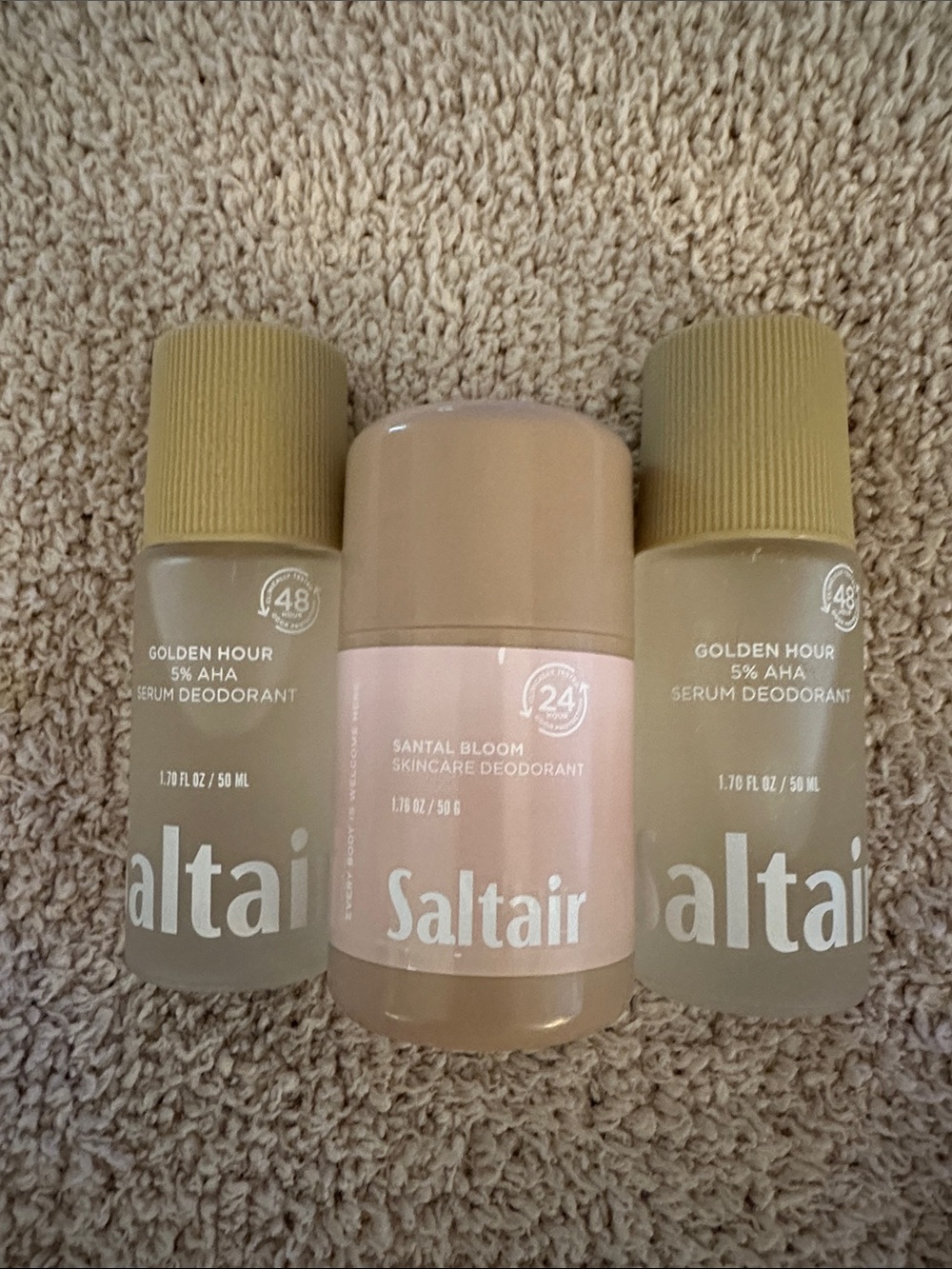 Saltair deodorant trio. New, never used. Golden hour(2) and Santal Bloom